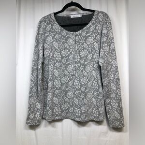 Cut Loose Gray White Floral Pattern Half Button Shirt Long Sleeve Top Medium